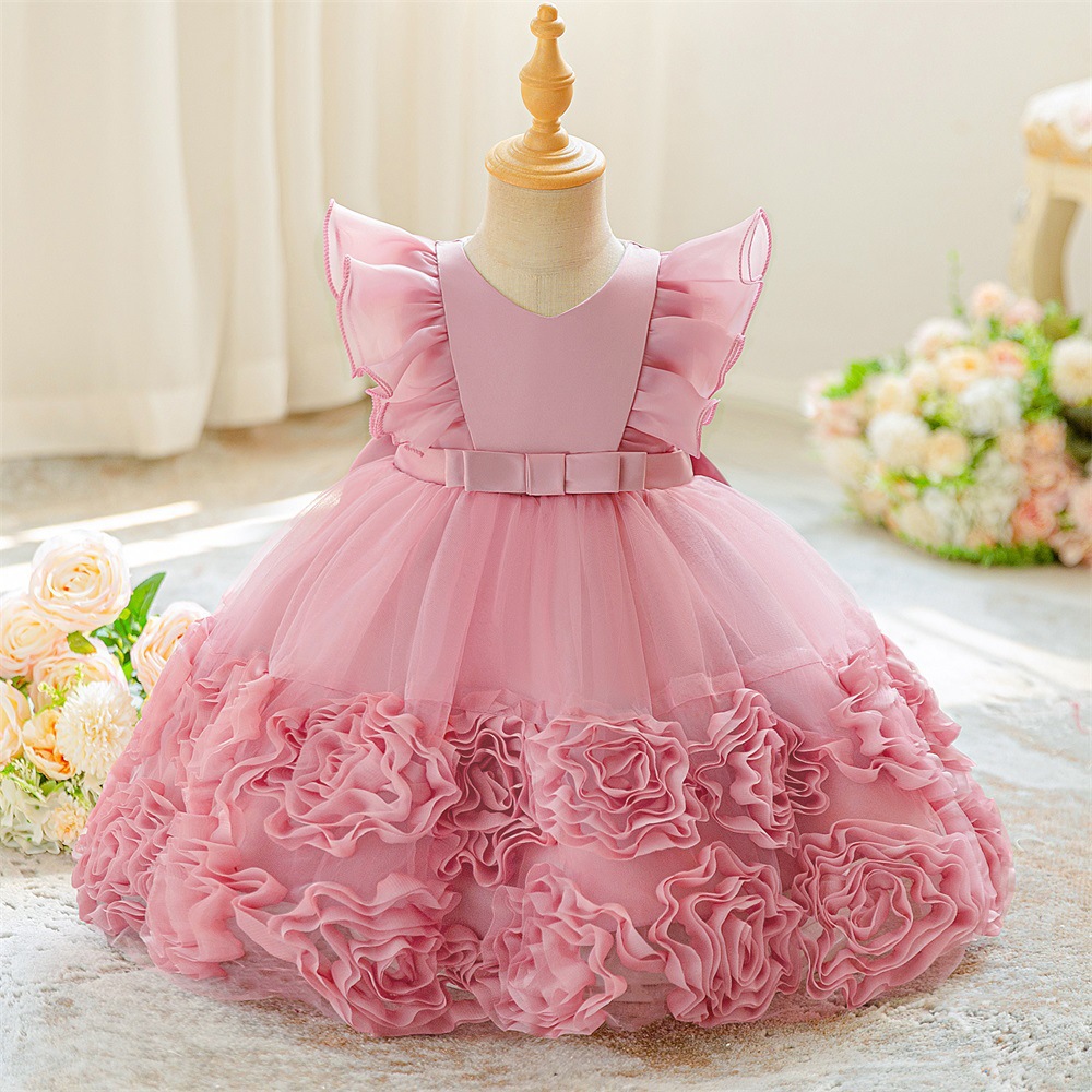 Cross-Border Infant and Toddler Princess Dress with Small Flying Sleeves, Lace Tutu Skirt, Wedding Flower Girl Dress, Baby One-Year-Old Baptism Dress