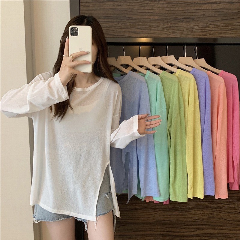 Thin micro-transparent split sunscreen long-sleeved T-shirt women's summer Korean-style 2025 new candy-colored loose air-conditioning blouse