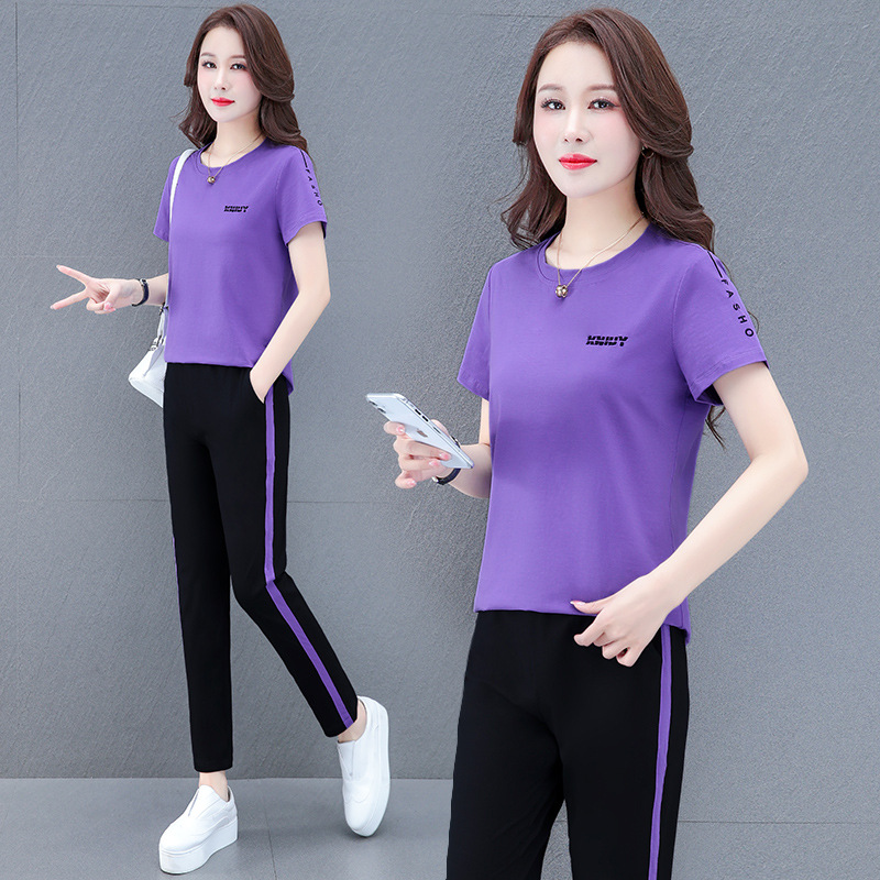 Pure Cotton Stretch Middle-aged Mother's Casual Sports Suit Women's Summer Short-sleeved Trousers All-match Square Dance Two-piece Set