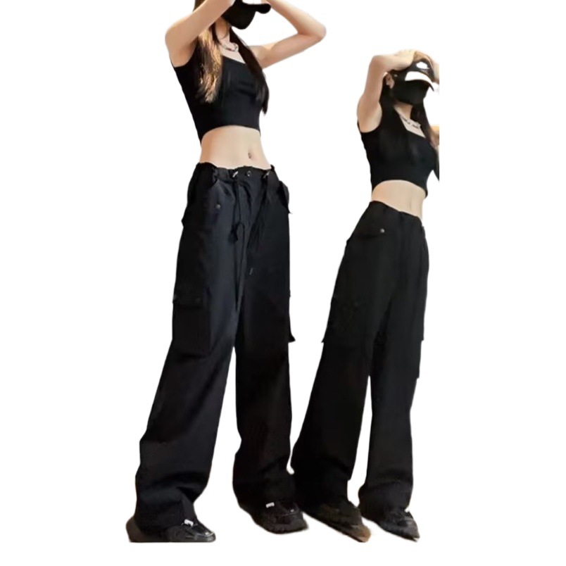 Summer spring tea hip-hop overalls fashionable waist-tied hip-hop straight pants fashionable pocket design leg-tied casual pants for women