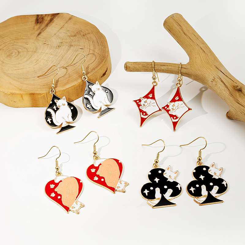 Cartoon poker color cat earrings European and American personality geometric love earrings sweet heart earrings wholesale