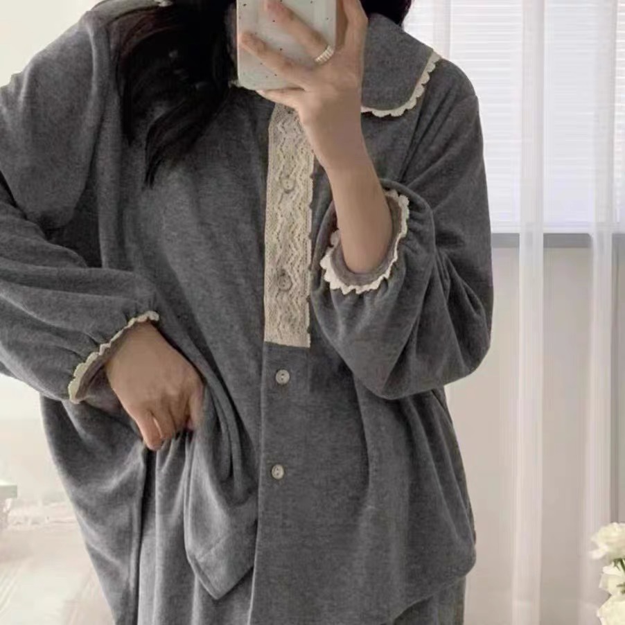 Spring and Autum New Pajamas for Women Loose Casual Cardigan Doll Collar Lace Simple Pajamas for Women Long-sleeved Autumn