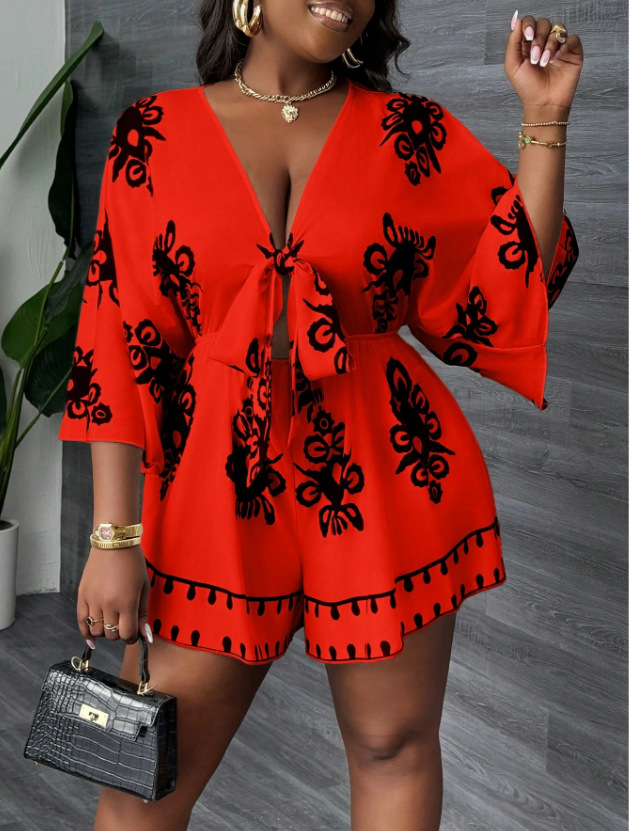 Picture of 2025 European and American Cross-Border Large Size Jumpsuit New Fashion Casual Bell Sleeve Women's V-Neck Print Fashion Sexy