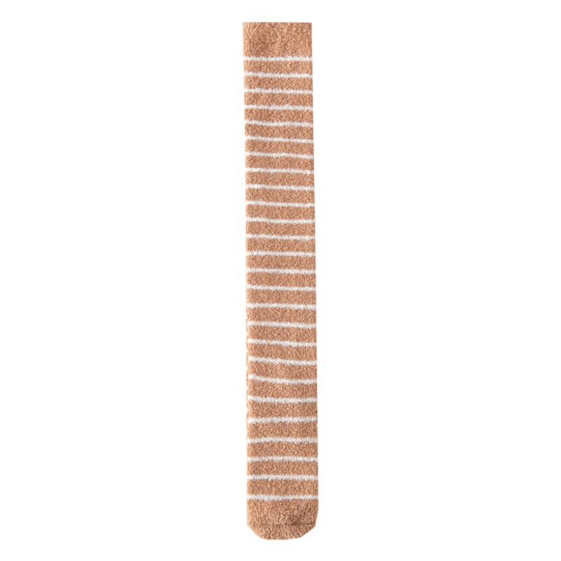 Women's Autumn and Winter Velvet Thickened Coral Velvet Knee Socks Warm Long Barrel Striped Socks Plush Socks Sleep Socks Home