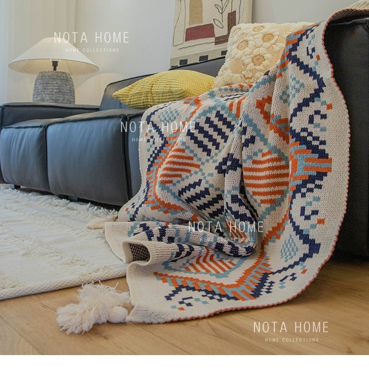 Picture of Bohemian sofa blanket ethnic style blanket Nordic shawl air conditioning blanket B & B knitted tassel bed blanket