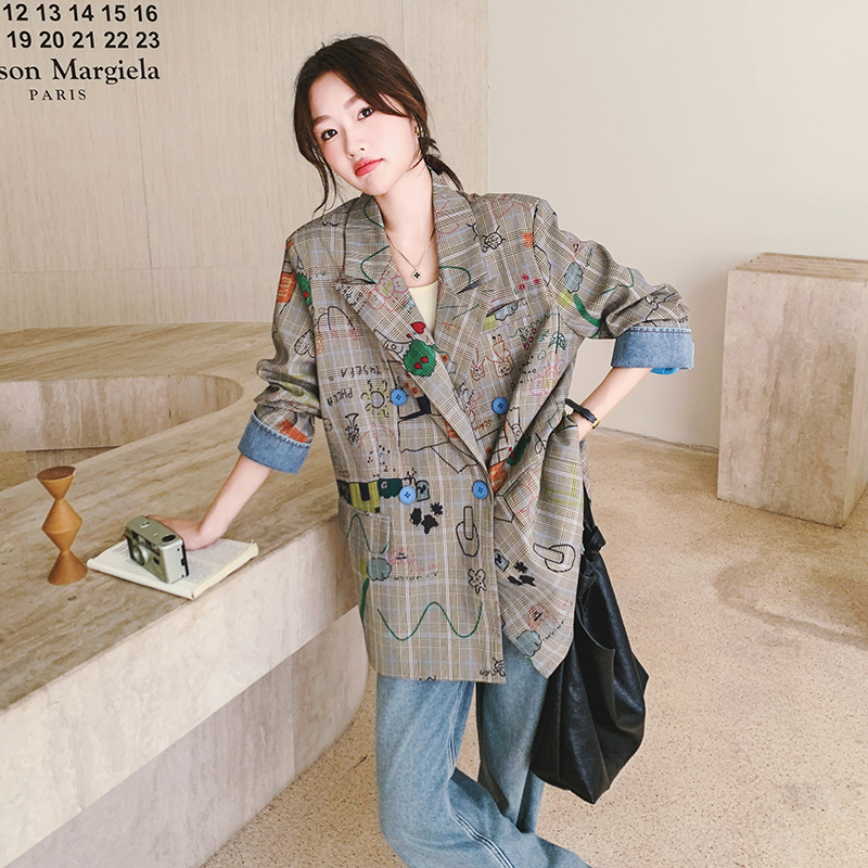 Picture of Gray Plaid Blazer for Women Spring & Fall 2025 New Design Street Loose Casual Graffiti Printed Suit
