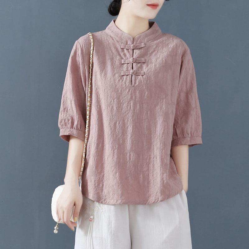2021 T-Shirt Summer Vintage Button Cotton and Linen Middle Sleeve Shirt Women's Chinese Style Set Collar Zen Tea Clothes Loose Pullover