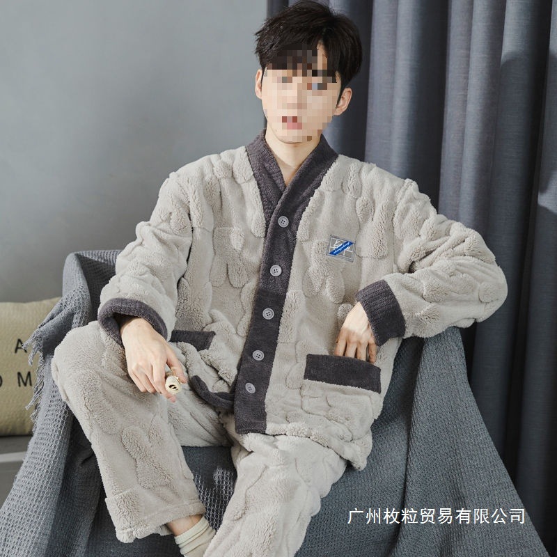 Men's coral velvet pajamas are fleece kimono collar flannel loungewear set for all seasons in autumn and can be worn outside in winter