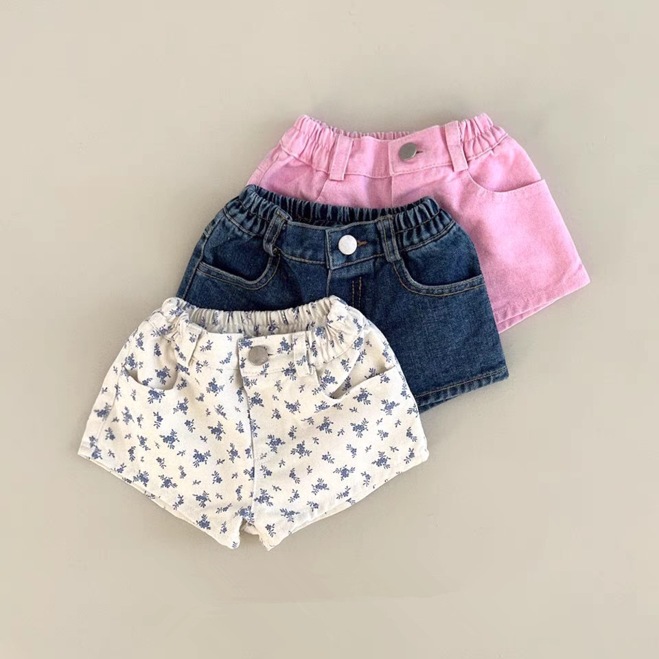 Korean 2025 Summer Retro Floral Baby Girl Ultra Short Jeans Baby Fashion Pants