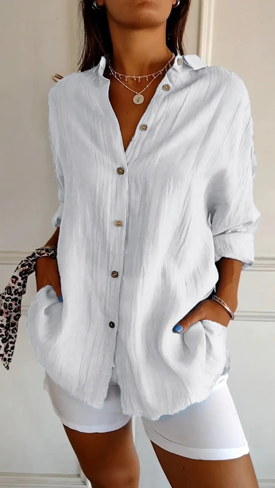 Picture of 2024 New Single-breasted Pleated Lapel Shirt Independent Station Explosions Women's Solid Color European and American Sleeve Top