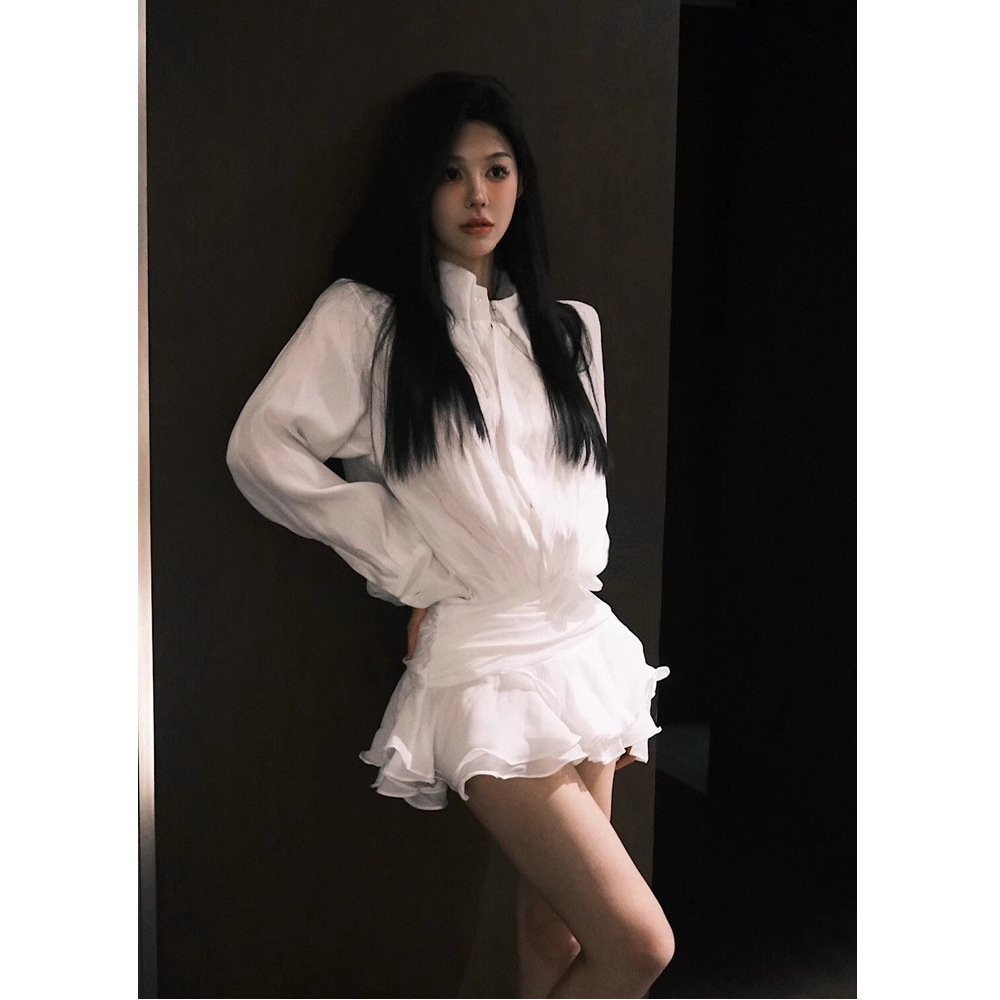 White shirt dress women's autumn and winter new sexy romantic V-neck temperament slim slimming ruffled short skirt