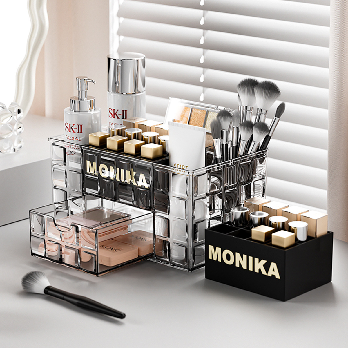 Desktop Cosmetic Storage Box Ice Grain Cosmetic Brush Bucket Decorating Drawer Dressing Table Skin Care Rack