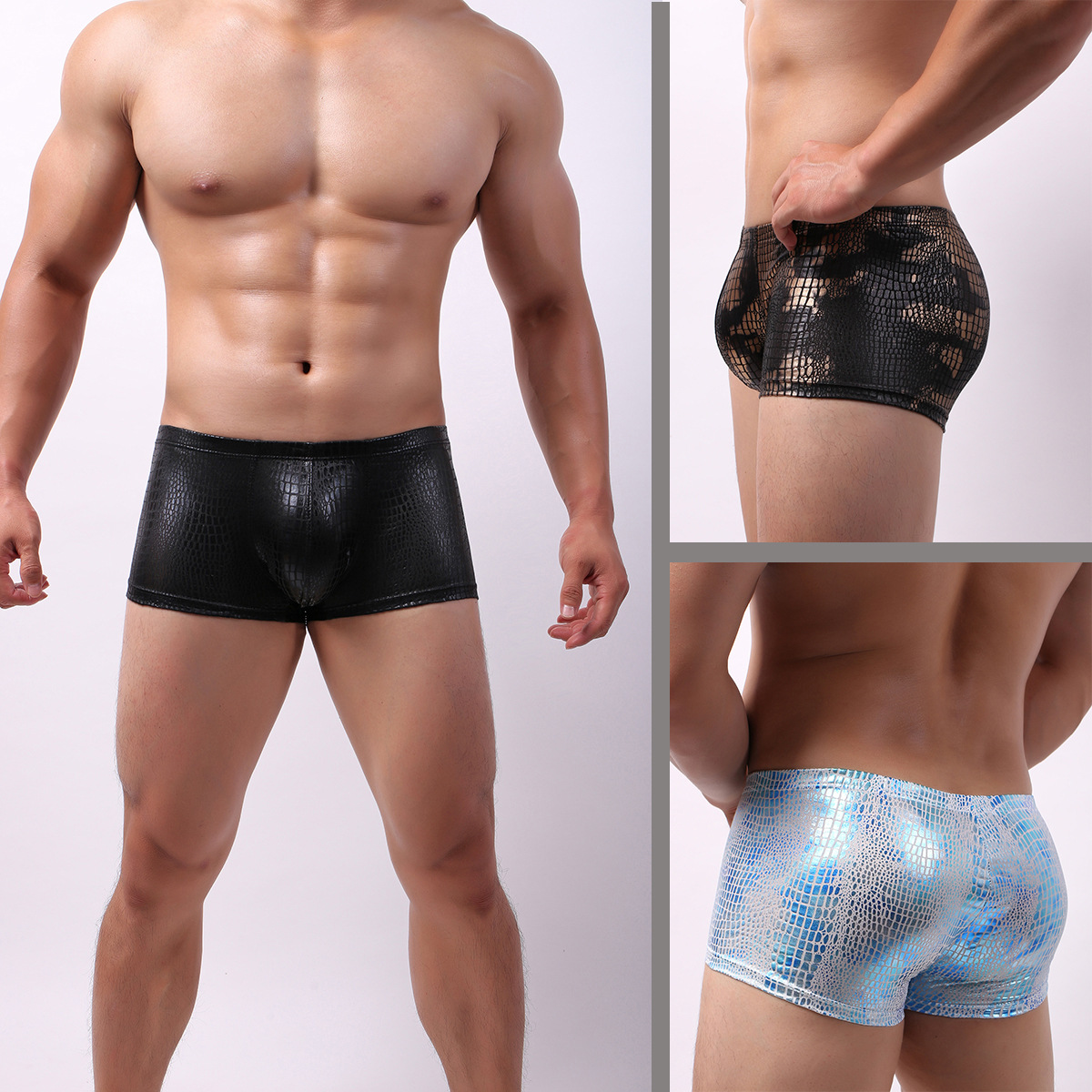 Picture of Breathable Crocodile Pattern Faux Leather Stuff Sexy Pants Men's Boxers Low Waist Nightclub Performance Suit D203