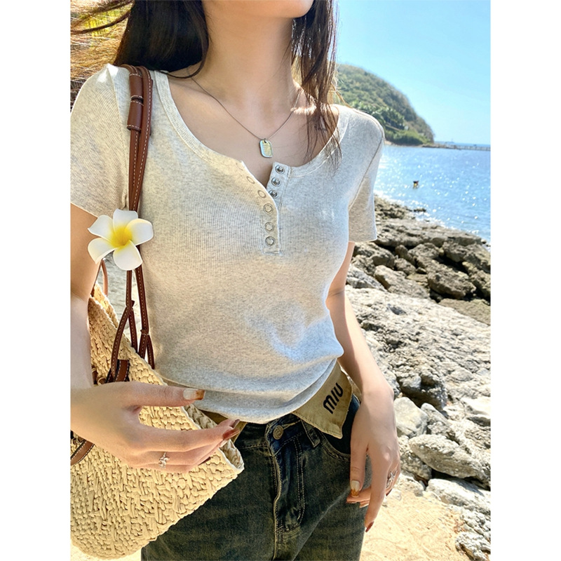 Shoulder Short-sleeved Summer Solid Color Half-sleeve T-shirt Slim-fit Design Top