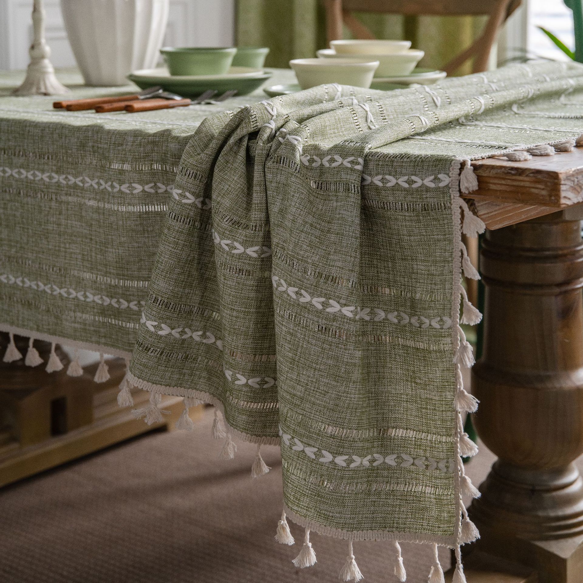 Picture of Yuman Qiyun Tablecloth Green Hollow American Country Fabric Cotton Linen Clear Cyber Celebrity Ins Rectangular Tablecloth