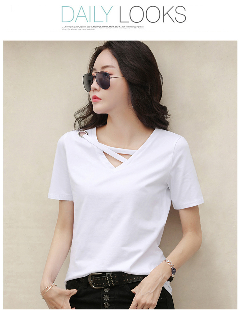 Picture of Short-Sleeved Women's 2025 New Summer White T-Shirt, Women's V-Neck Loose Korean Style Black Top, Casual Ins-Style Trendy Shirt