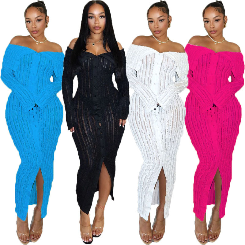 Amazon Explosions Long Sleeve dress Collar Sexy Bag Hip Dress European and American Fashion Elegant Wave Pattern Design Sense