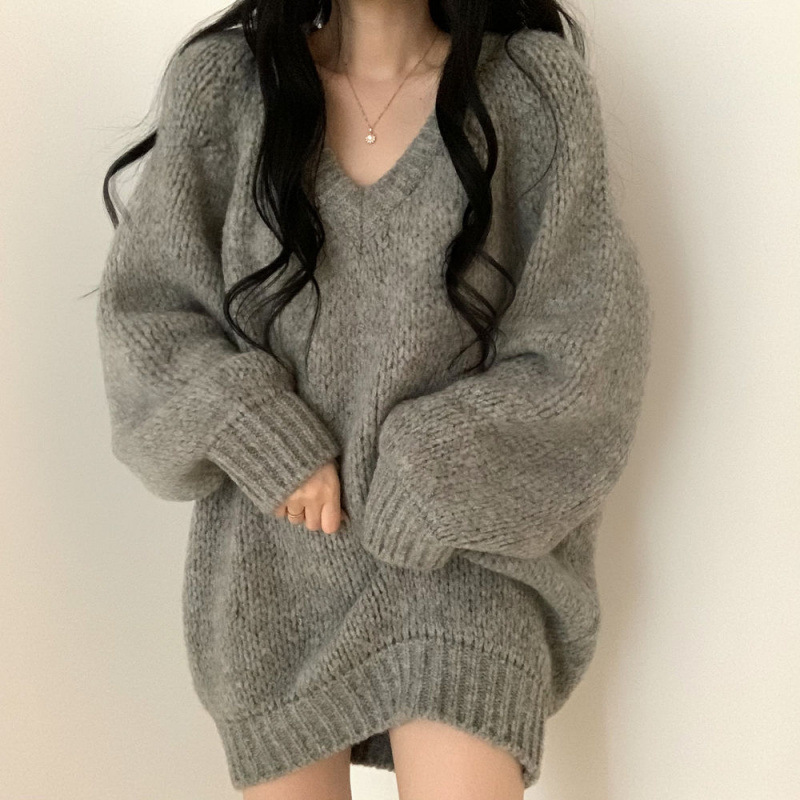 Large Plate Style Autumn and Winter New Retro Lazy Style V-Neck Loose Long Sleeve Pullover Mid-length Knitted Sweater for Women