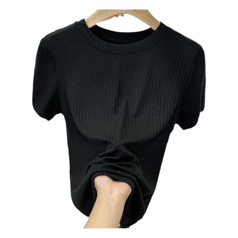 European-style Pit Strip Foreign-style All-match Short-sleeved T-shirt Slimming Base Shirt Women's Design Sense Soft Stretch Threaded Top