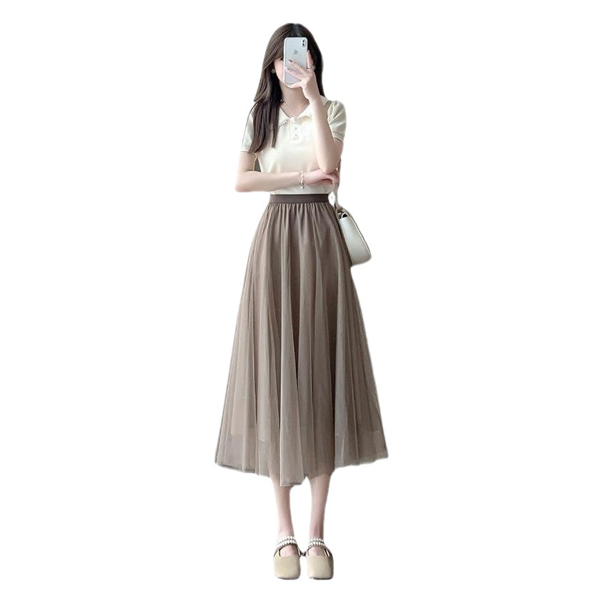 Mesh skirt 2023 spring and summer new women's fashionable high waist mid-length elastic waist A- line skirt princess dress