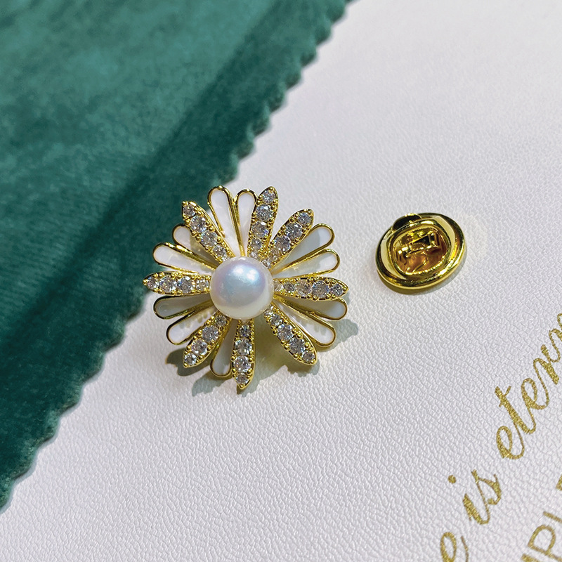 Picture of [DIY accessories] copper gold-plated zircon Daisy sunflower stab pin brooch collar pin 7-8mm Pearl chest receptacle