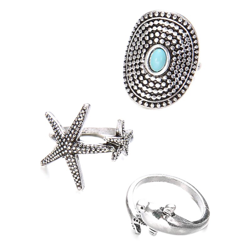 Cross-border e-commerce jewelry new European and American bohemian starfish wave dolphin turquoise 4-piece ring set