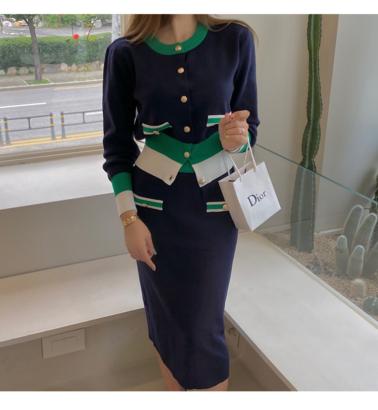 Picture of 2025 Autumn and Winter Elegant Age-Reducing Knitted Hip Skirt Suit Small Fragrant Contrast Sweater Skirt Two Pieces 7659