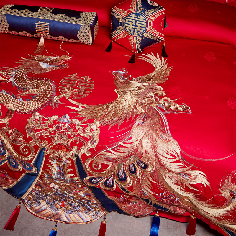 High-end wedding 160 long-staple cotton embroidery wedding four-piece cotton satin red six-piece/ten-piece set