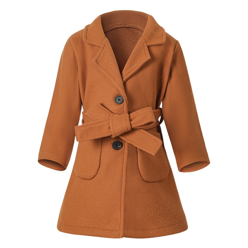 Cross-border autumn and winter girls long coat solid color woolen pocket belt lapel sheep thick coat manufacturers wholesale