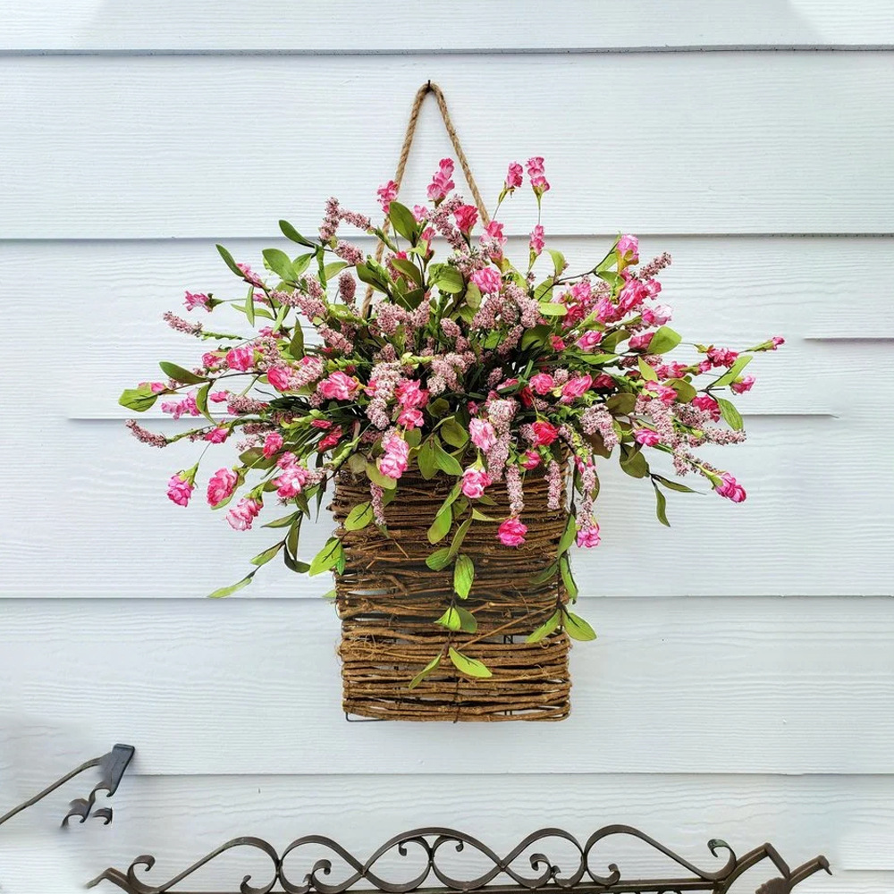 Picture of Zonghong Spring and Summer Pink Berries and Wild Flower Door Hanging Basket Garland Home Decoration Wild Flower Door Hanging Basket Rattan Basket