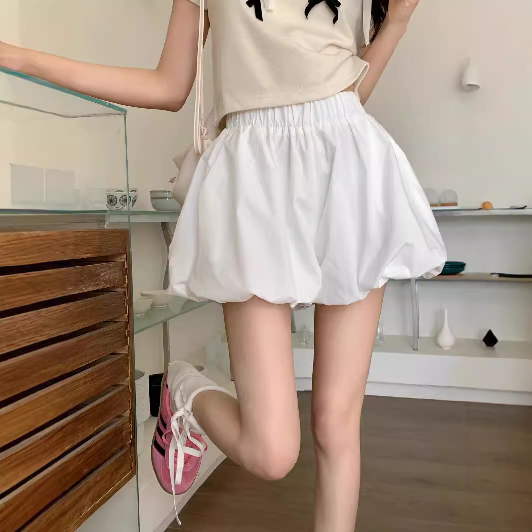 Korean Style Flower Bud Puffy All-match Shorts Women's Summer 2024 New Style Small Black High Waist Wide Leg Casual Pants