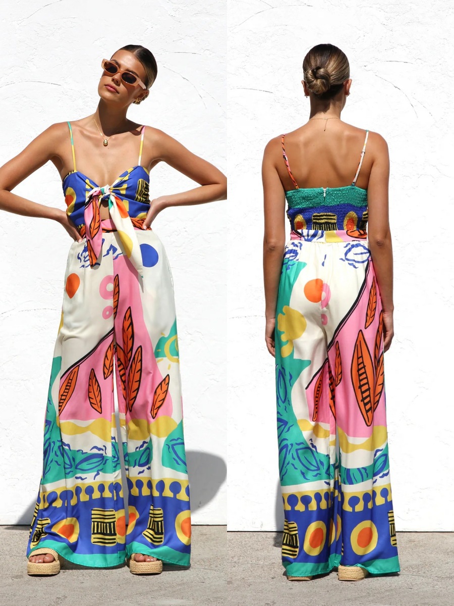 Europe and the United States Cross-border 2025 Spring and Summer Independent Station New Printed Waist Sling Strap Knot Wide Leg Straight Jumpsuit