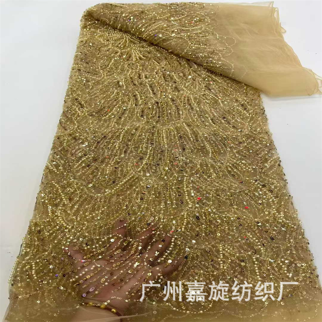 Picture of African large flower beaded tube sequin wedding dress fashion fabric 5yards African beaded lace