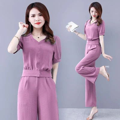 Picture of Popular Set Women's Summer 2022 New Fashion Professional Foreign Temperament Age-reducing Goddess Fan Belly-covered Two-piece Wide-leg Pants
