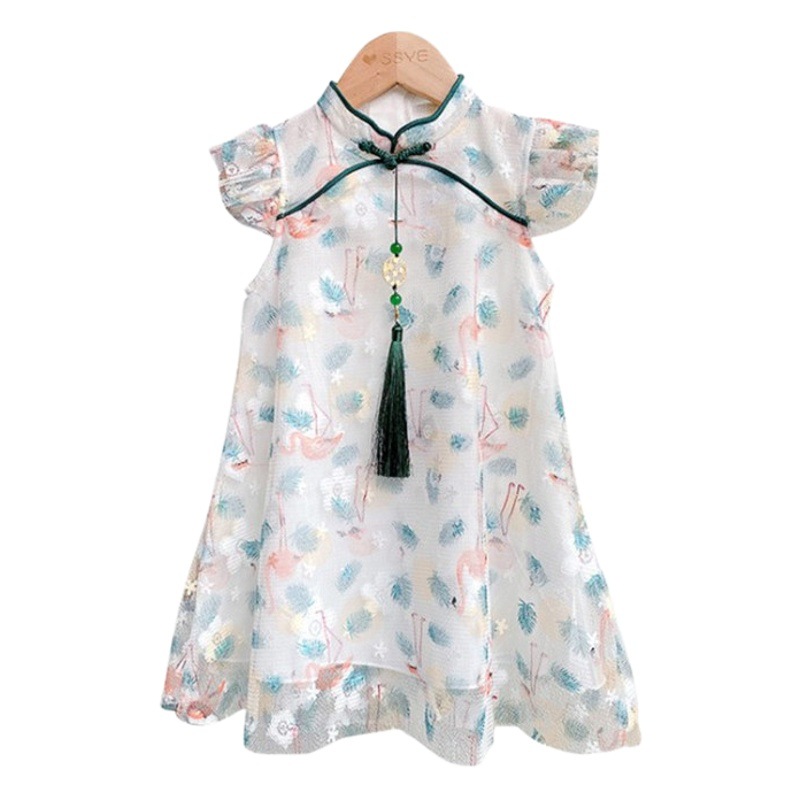 Girls' Improved Cheongsam Dress 2024 Kidsren's Summer Dress Lace Vest Small Flying Sleeves Fashionable Little Girl Skirt