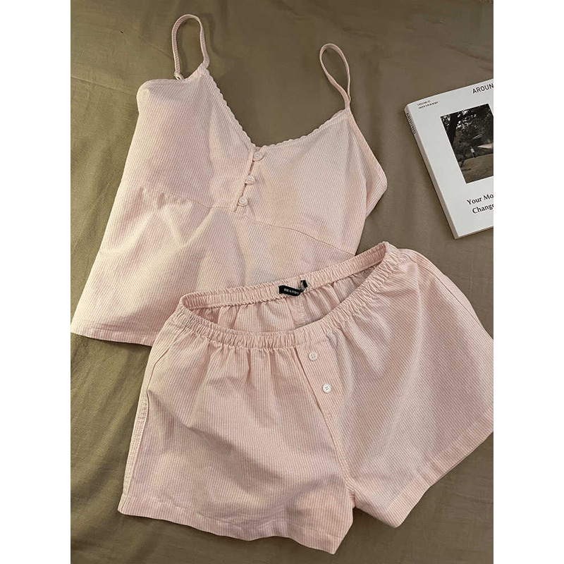 French Sweet Girl's Striped V-Neck Sling Pajamas Women's Summer Slim-Fit Vest Shorts Home Clothes plus size suit