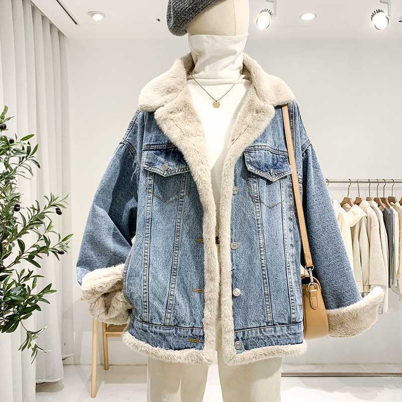 Denim coat for women 2022 autumn and winter New loose all-matching fleece-lined thick casual bf style double-sided jacket top
