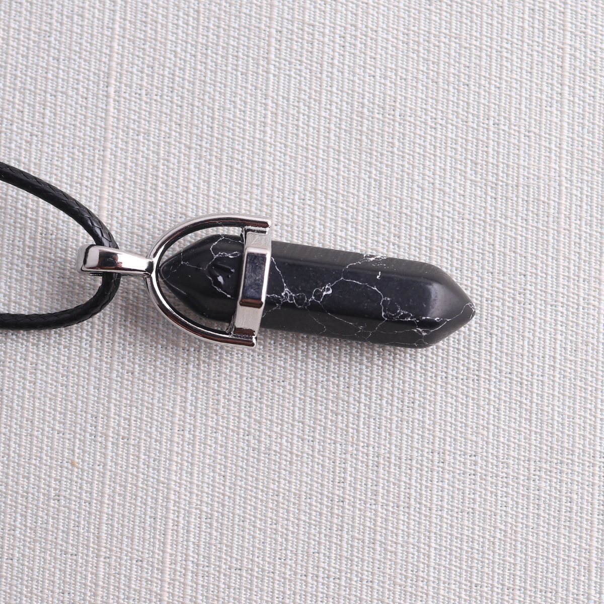 Picture of Natural Stone Hexagonal Pendant European and American Natural Crystal Hexagonal Prism Bullet Hexahedral Black Wax Rope Necklace