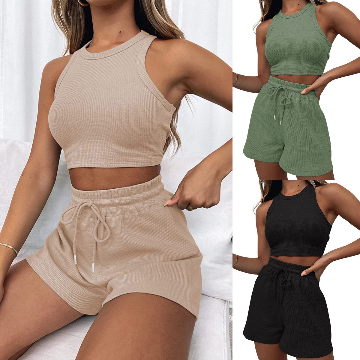 2024 Cross-border Summer New Sleeveless Waffle Suit Pure Color Vest Fashionable Casual Short 2-piece Set for Women
