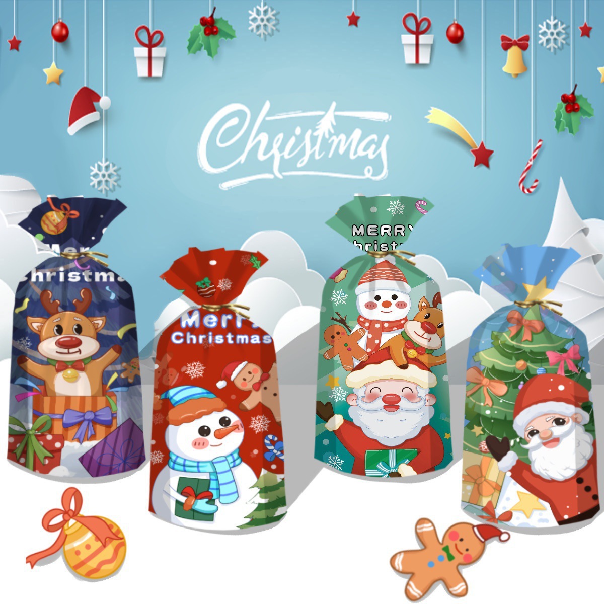 2025 Cross-Border Original Christmas Candy Bag Cookie Cartoon Tie Flat Pocket Party Creative Gift Bag