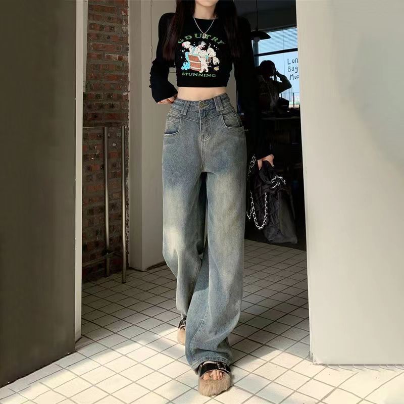 American-style retro straight jeans for women autumn and winter New style loose slimming high waist wide leg mop pants fashion