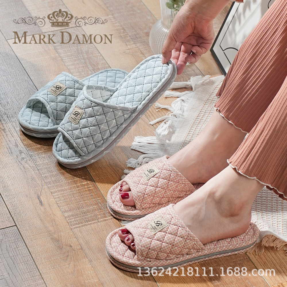 Cross-Border Single Plaid Three-Layer Thickened Pure Cotton Cloth Bottom Home Indoor Wooden Floor Slippers for Men and Women Machine Washable Slippers
