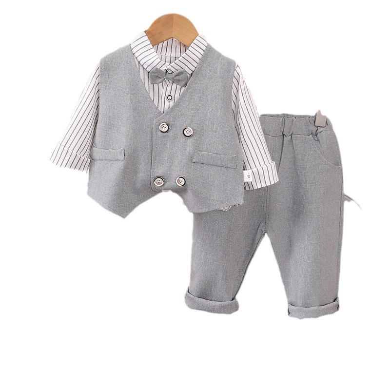 Picture of Korean style spring fashion baby fried street spring double-breasted vest bow tie long sleeve suit boy long sleeve three-piece set