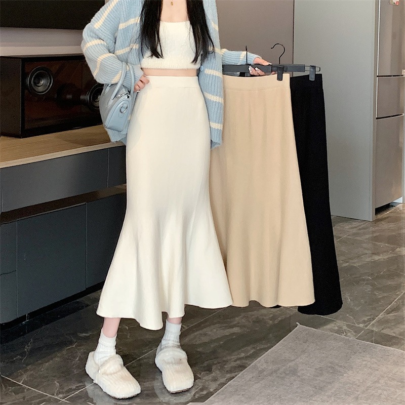 High-grade Soft Waxy Fishtail Knitted Skirt Women's Spring High Waist Skirt Slimming Slim-fit plus size Mid-length Hip