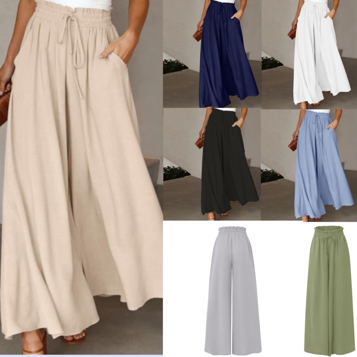 2023 Europe and the United States cross-border summer new women's wide-leg trousers elastic belt wide-leg high waist long culottes women's now