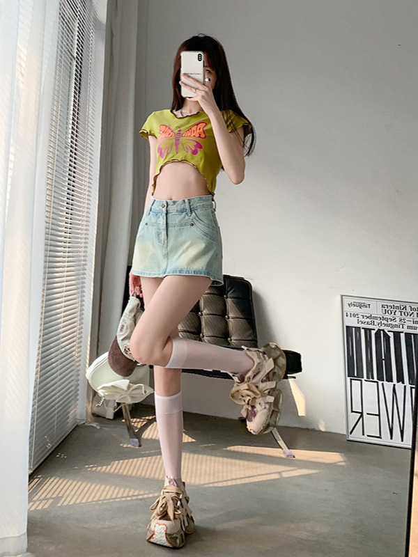 Vintage Denim High Waist Hot Skirt Women's Summer New Sweet Spice Girl Big Skirt Slimming Hip Lining Skirt