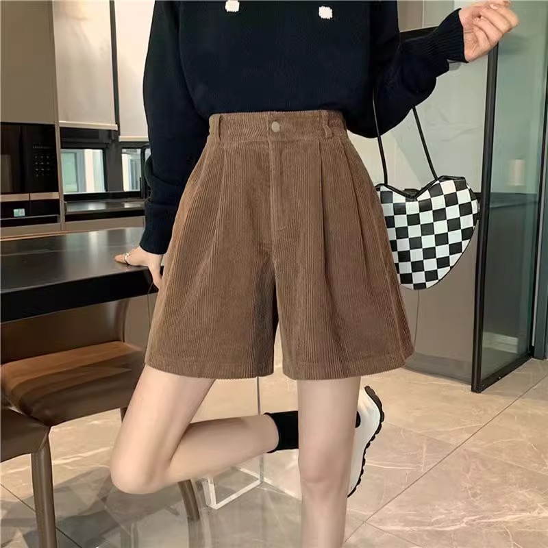 Picture of Corduroy Shorts Women's 2023 Autumn and Winter New Wide Leg Pants High Waist Slimming Small Retro Casual A- Shaped Pants