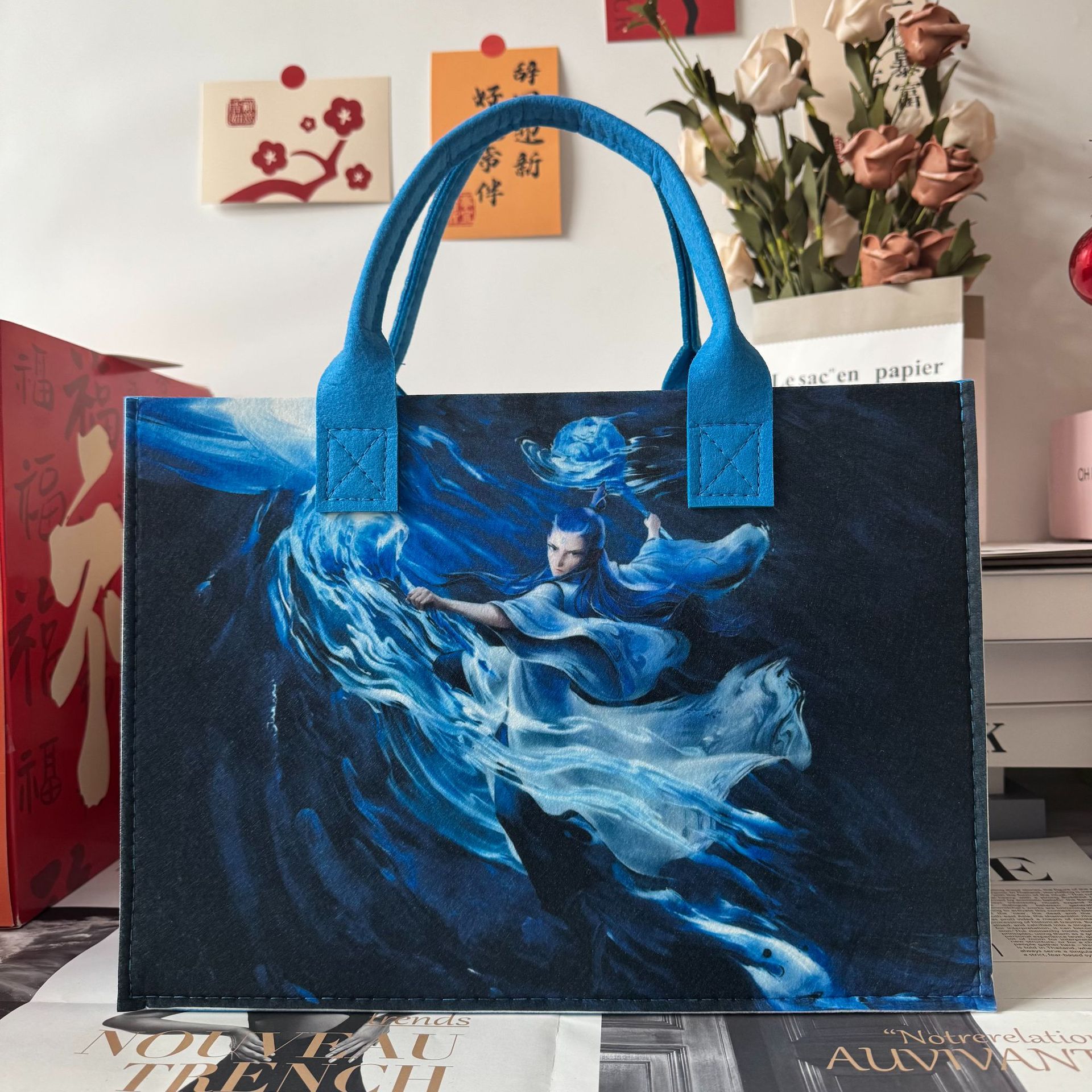 Picture of Nezha Handbag, the Devil Child Causing Chaos in the Sea, Tote Bag, Shoulder Bag, Student Backpack, Felt Bag, Chinese Style, National Trend