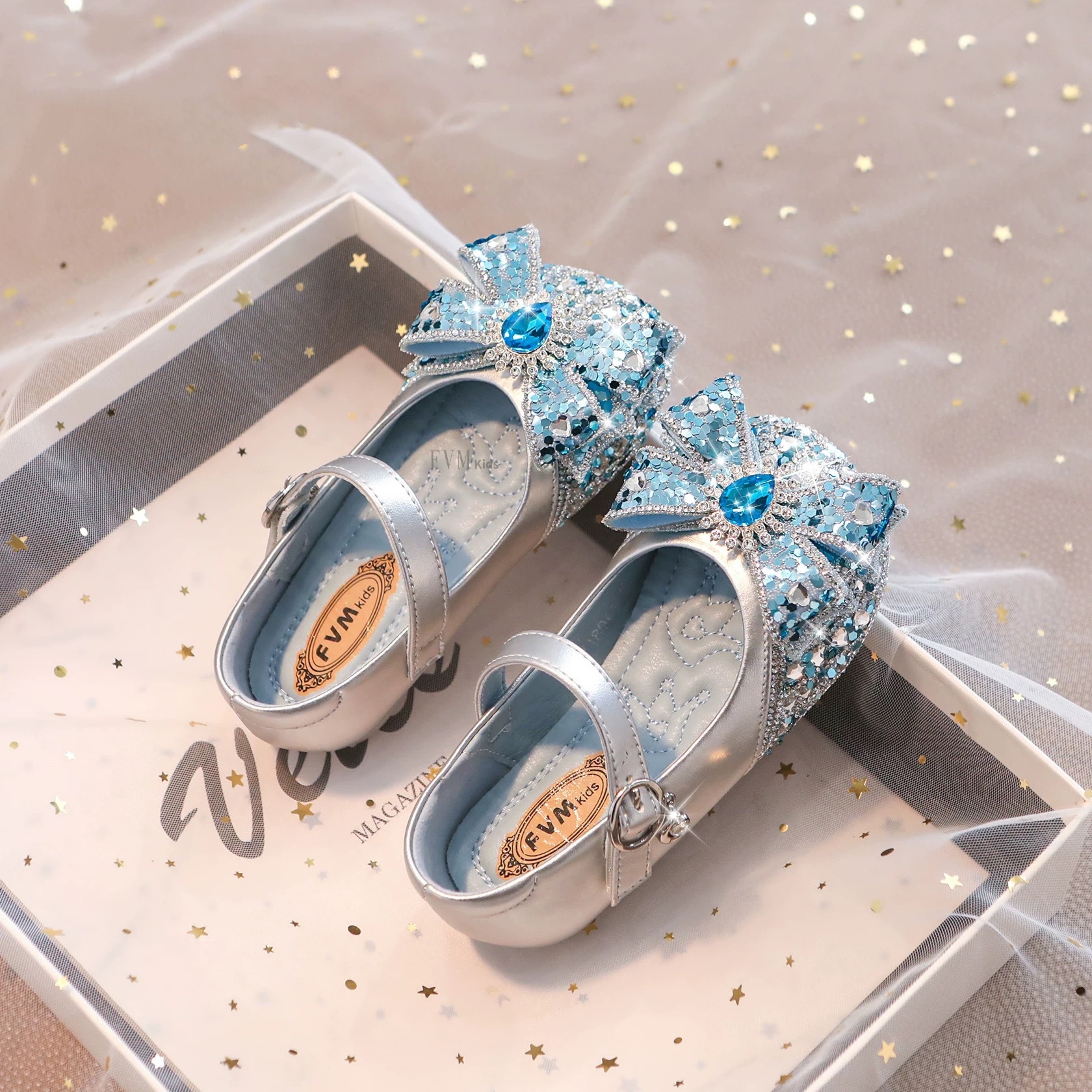 Girls Crystal Shoes Children Princess Shoes 2025 Spring and Autumn New Aisha Leather Shoes Rhinestone Blue Shoes Summer Shoes