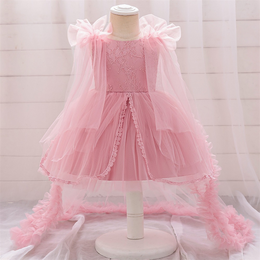 Picture of New One-year-old Dress Short-sleeved Pleated Mesh Lace Trailing Princess Dress Ponked Yarn Flower Children's Wedding Dress